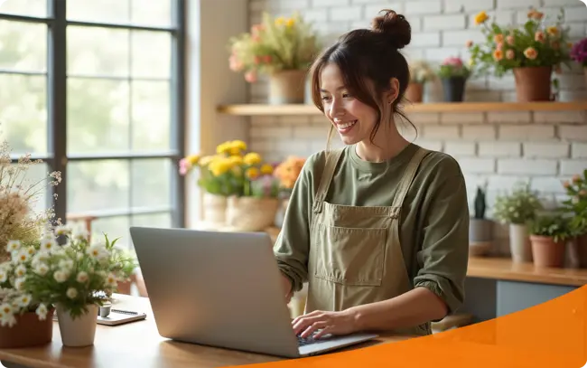 Smiling business owner working on a laptop surrounded by plants—highlighting the flexibility and convenience of business online and mobile banking to manage accounts, deposits, and payments anytime, anywhere.